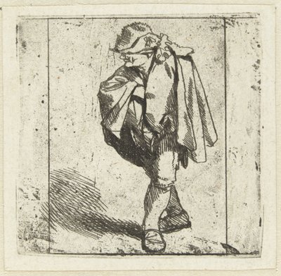 Hombre de pie con la mano derecha sobre el pecho metido en su capa de Cornelis Pietersz. Bega