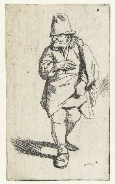 Hombre de pie con sombrero de copa o gorra, mano derecha delante del pecho de Cornelis Pietersz. Bega