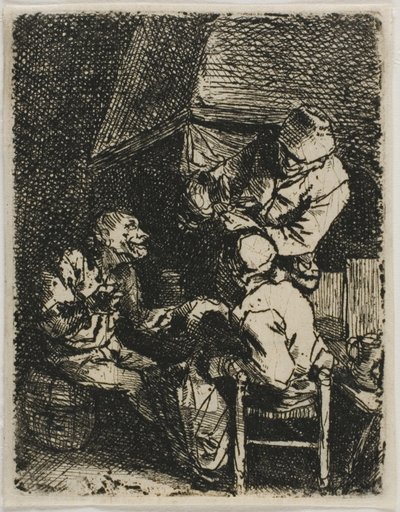 Tres campesinos junto a una chimenea de Cornelis Pietersz. Bega