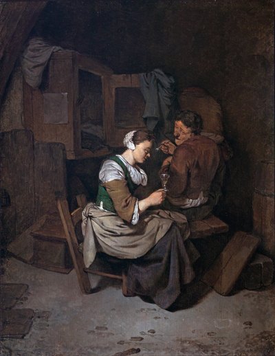 Mujer con copa de vino y dos hombres campesinos de Cornelis Pietersz Bega