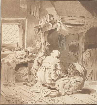 Interior de una casa de campo con dos mujeres. de Cornelis Ploos van Amstel (signed by artist)