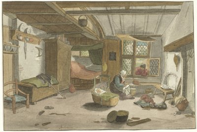 Interior con mujer en cuna de Cornelis Ploos van Amstel (signed by artist)