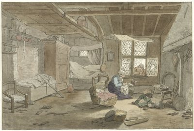 Interior con mujer en cuna de Cornelis Ploos van Amstel (signed by artist)
