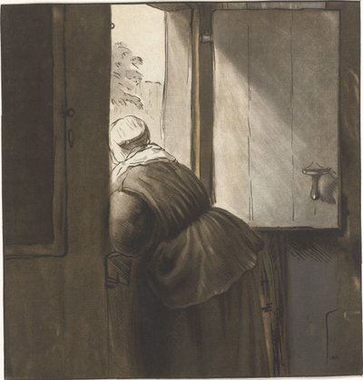 Mujer inclinada sobre una puerta inferior de Cornelis Ploos van Amstel (signed by artist)