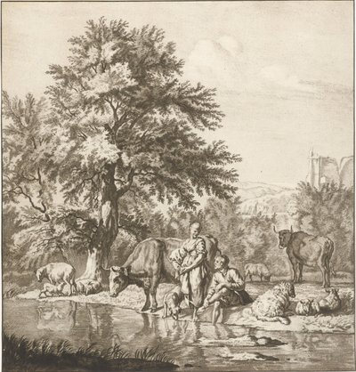 Pastor y pastora con rebaño junto a un río
Obra impresa (título de la serie) de Cornelis Ploos van Amstel