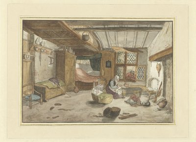 Interior con mujer en cuna de Cornelis Ploos van Amstel