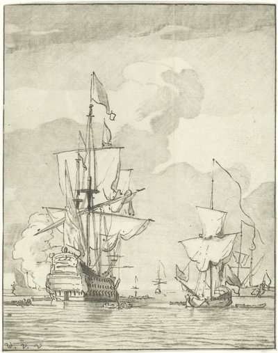 Buque de guerra disparando un tiro de Cornelis Ploos van Amstel