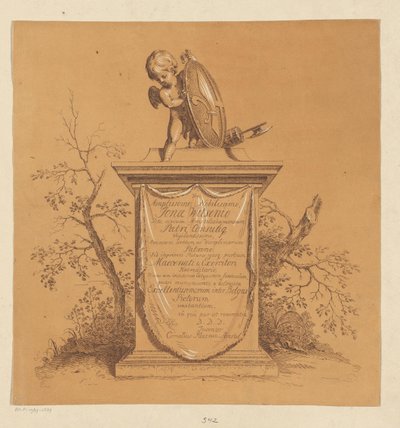 Putto de pie en un monumento con dedicatoria a Jonas Witsen de Cornelis Ploos van Amstel