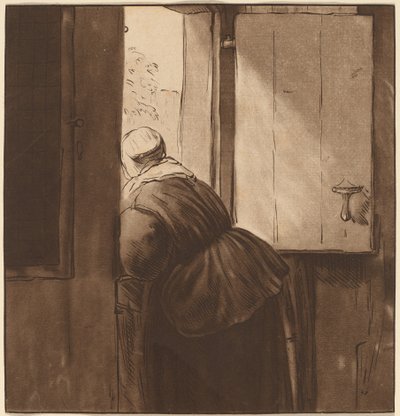 Mujer inclinada sobre una puerta baja, 1761, publicado 1765 de Cornelis Ploos van Amstel