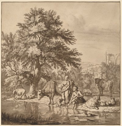 Pastor y pastora con su rebaño de Cornelis Ploos van Amstel after Adriaen