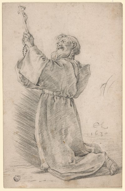 Monje arrodillado sosteniendo un crucifijo de Cornelis Saftleven