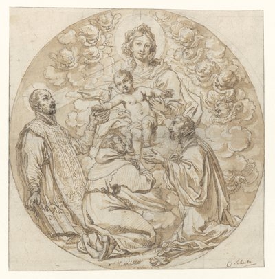María con el niño adorado por San Ignacio de Loyola, San Francisco Javier y el santo monje de Cornelis Schut (I)
