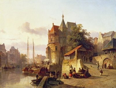 Edificios fortificados en las orillas de un canal de Cornelis Springer