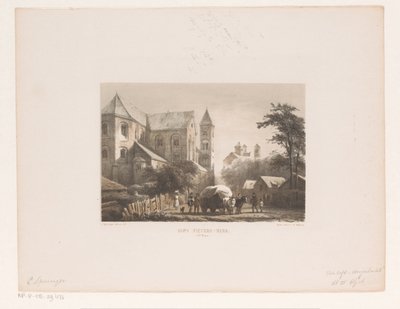 Ganado con carreta frente a iglesia del siglo XI Iglesia de San Pedro (siglo XI) (título sobre el objeto) de Cornelis Springer