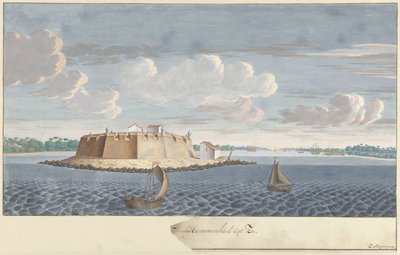 Fort Hammenhiel (Hummenil) en Ceilán, visto desde el mar Fortres Hammenhiel from the Sea (título sobre el objeto) de Cornelis Steiger