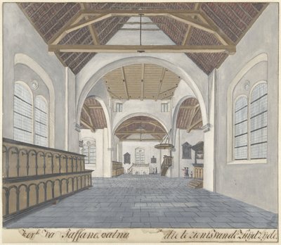 Interior de la iglesia en la fortaleza Jaffnapatnam en Jaffna en Ceilán iglesia de[n] Jaffanapatna[m (...)] que se puede ver desde el lado sur (título sobre el objeto) de Cornelis Steiger