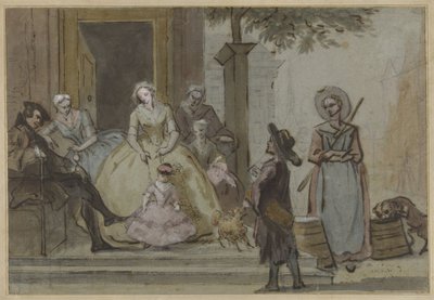 Tocando la zanfoña frente a una familia que escucha en la acera de una casa de la ciudad de Cornelis Troost
