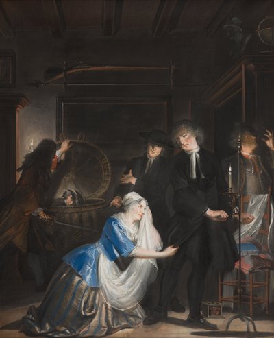 Falsa virtud descubierta: El descubrimiento de Volkert en la cesta de la lavandería, 1739 de Cornelis Troost