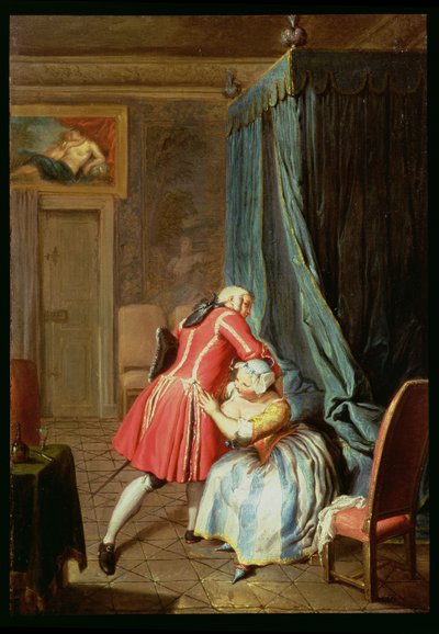 Interior de un dormitorio con una pareja retozando de Cornelis Troost