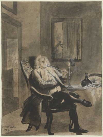 Hombre sentado fumando una pipa a la luz de las velas mientras las casas afuera están en llamas de Cornelis Troost