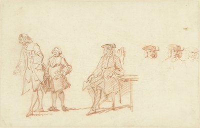 Hoja de estudio con dos hombres de pie y un hombre sentado, cuya cabeza se repite tres veces de Cornelis Troost