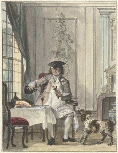 Hombre de comedor con una copa de vino una cecina de Cornelis Troost