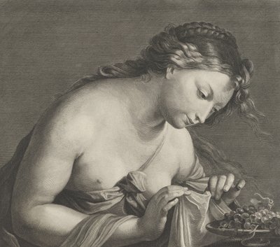 Erigone inclinada sobre un plato de uvas y levantando un trozo de tela con ambas manos de Cornelis Vermeulen