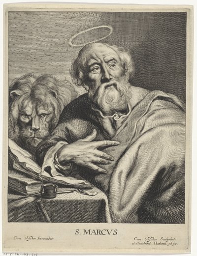 Evangelista Marcos con león S. MARCVS (título sobre objeto) Cuatro evangelistas (título de la serie) de Cornelis Visscher (II)