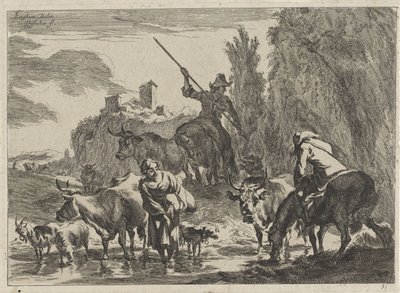 Pastores con ganado vadean un arroyo Paisajes (título de la serie) de Cornelis Visscher (II)