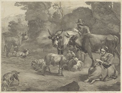 paisaje con pastor y pastora costurera de Cornelis Visscher (II)