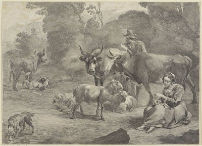 paisaje con pastor y pastora costurera de Cornelis Visscher (II)