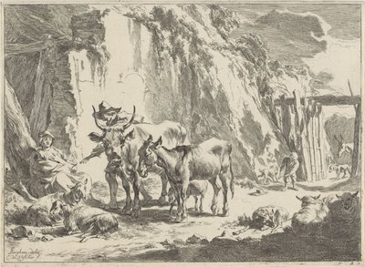 Paisaje con una mujer alimentando a su hijo Paisajes (título de la serie) de Cornelis Visscher (II)