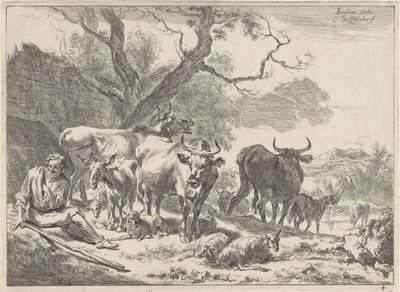 Descansando viejo pastor con su rebaño Paisajes (título de la serie) de Cornelis Visscher (II)