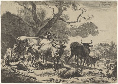 Descansando viejo pastor con su rebaño Paisajes (título de la serie) de Cornelis Visscher (II)