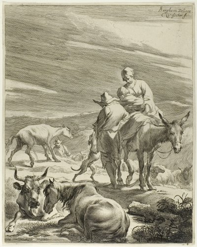 Una madre y su hijo montados en un burro, lámina 4 de Cuatro paisajes de Cornelis Visscher