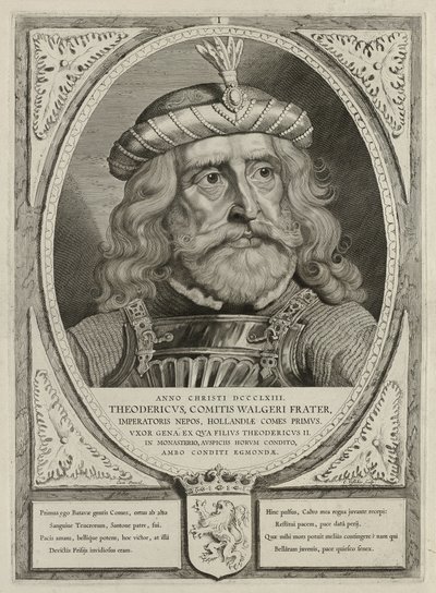 Dirk I, conde de Holanda, con armadura. El marco está decorado con el escudo de armas de Holanda. NL-HlmNHA 1477 53012894 de Cornelis Visscher