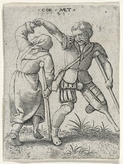 Un hombre con una pierna de madera girando a una mujer coja bajo su brazo, 1572 (grabado en papel verjurado) de Cornelis after Massys