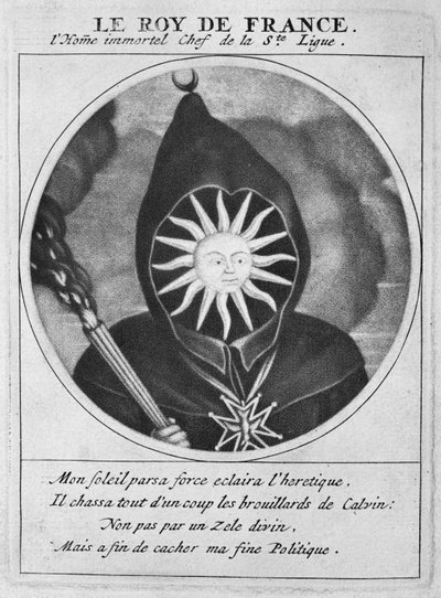 Caricatura protestante del Rey Luis XIV (1638-1715), ilustración de Les Heros de La Ligue ou La Procession monacale, conduite par Louis XIV, pour la conversion des protestants de son royaume, París de Cornelis and Gole, Jacob Dusart