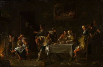 Damas y caballeros festejando alrededor de una mesa, c.1612-67 (óleo, lienzo y papel) de Cornelis de (attr. to) Wael
