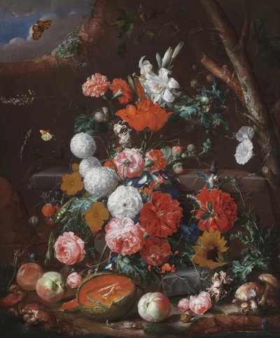 Bodegón de flores y frutas dispuestas sobre un zócalo de piedra en un jardín de Cornelis de Heem
