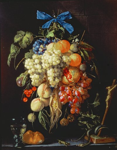 Ramo de Frutas con Símbolos Eucarísticos en un Ledge Abajo de Cornelis de Heem
