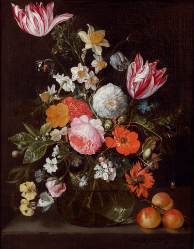 Flores en jarrón de cristal sobre un canto de piedra con albaricoques de Cornelis de Heem