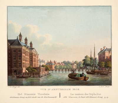 Vista de Ámsterdam No.38. Het Diaconie Weeshuis de Blaauw-brug y el final del Erwtenmarkt. La Casa de los Huérfanos llamada Diaconie, el Puente llamado Blaauw-brug, 1825 de Cornelis de Kruyff