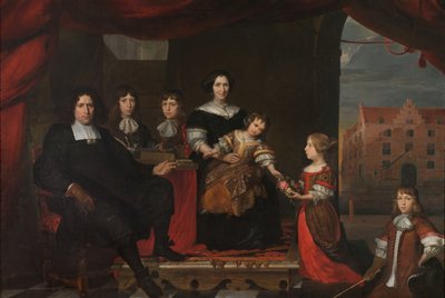 Reyer Reyersz van der Burch (1630-1695), oficial de municiones adscrito al Arsenal de los Estados Generales, Delft, con su esposa Geertruid Graswinckel y sus hijos Frank, Cornelis, Reyer, Maria y Alida de Cornelis de Man (attributed to)