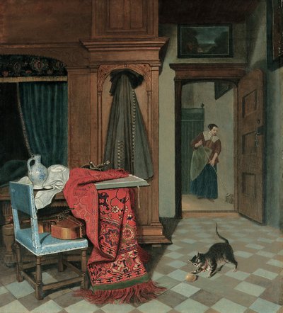 Interior con una Alfombra, una Espada y una Jarra en una Mesa, un Violonchelo en una Silla, un Abrigo Colgado en un Armario, un Gato Jugando con una Pelota, una Criada al Fondo de Cornelis de Man