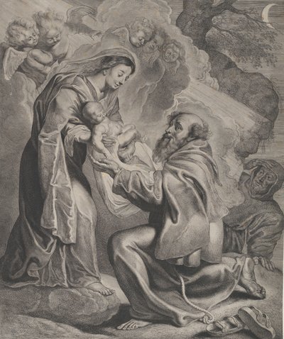 La visión de San Francisco, arrodillado a la derecha, recibiendo al niño Cristo de la Virgen de Cornelis de Visscher