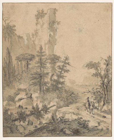 Camino de montaña con un hombre con dos mulas de Cornelis de Wael