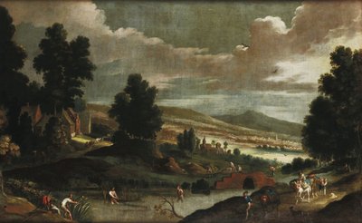Paisaje con caminantes y pescadores de Cornelis de Wael