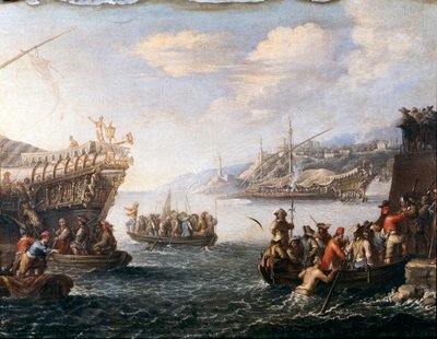 Soldados embarcando para luchar contra los turcos en el puerto de Genoz de Cornelis de Wael