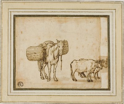 Dos bocetos: Mula que lleva cestas, Pareja de bueyes yuntas de Cornelis de Wael